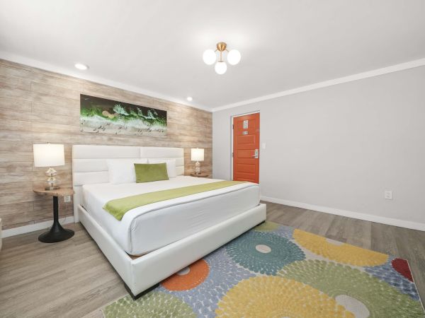 A bright hotel room with a white bed, green accents, two lamps, a colorful circular rug, and a wooden feature wall near the headboard.