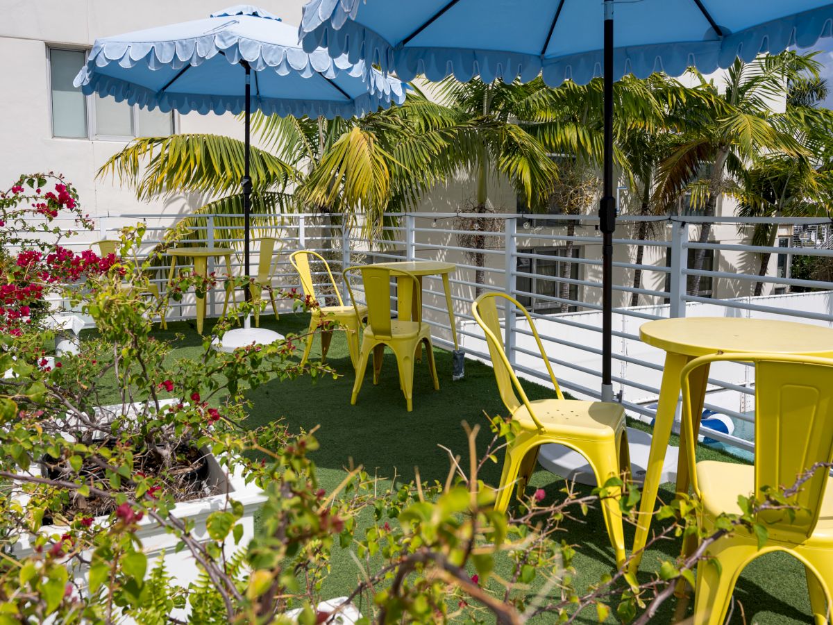 Sunny patio with blue awnings, yellow chairs and tables, lush palms and flowers by a pool, under a white building.
